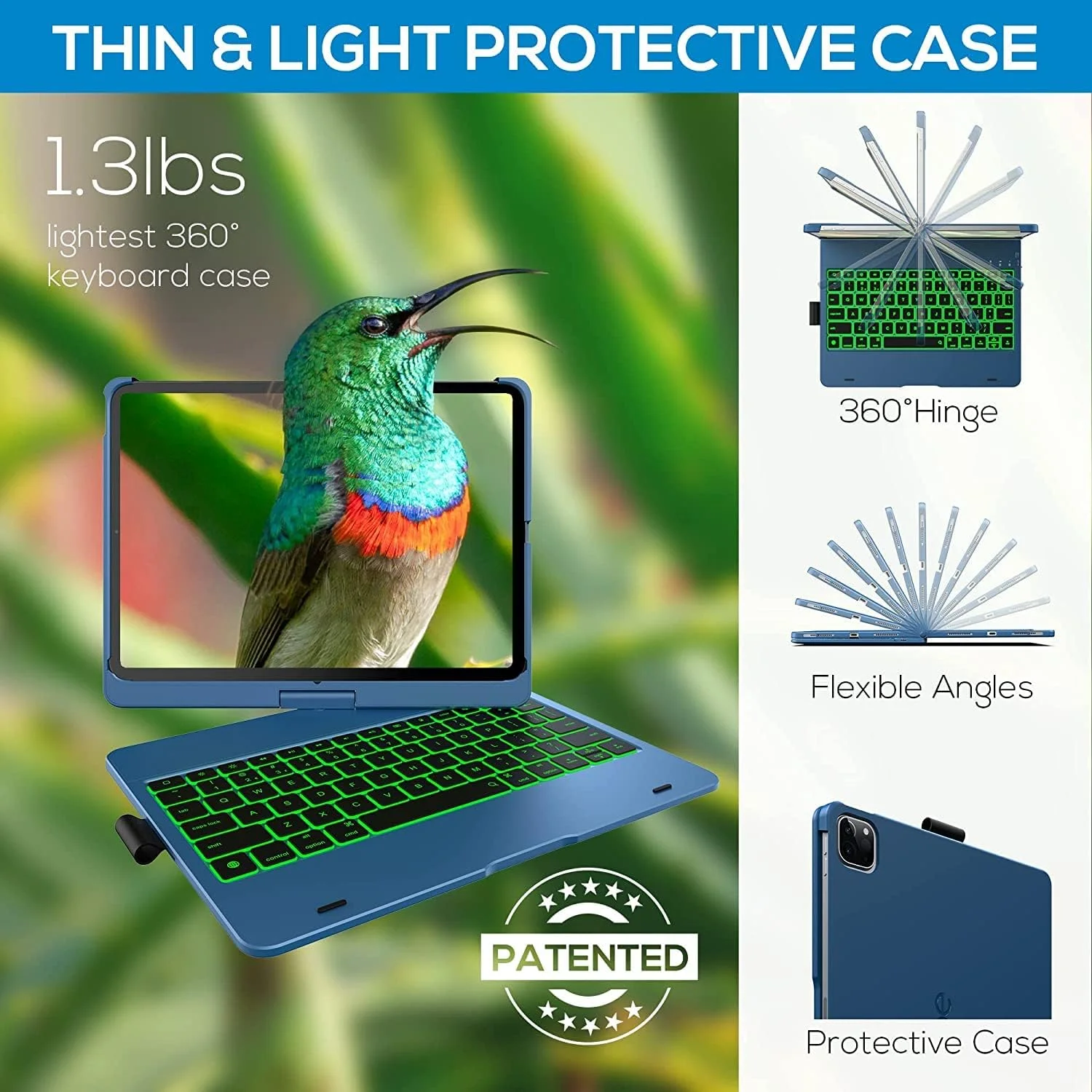 کیبورد و کاور آیپد ایر نسل 5/4 (2022/2020) و آیپد پرو 11 (2021، 2020، 2018) مدل Flexbook با ترک‌پد، نور پس‌زمینه 10 رنگ، کاور محافظ باریک 360 درجه با جایگاه قلم اپل (آبی)