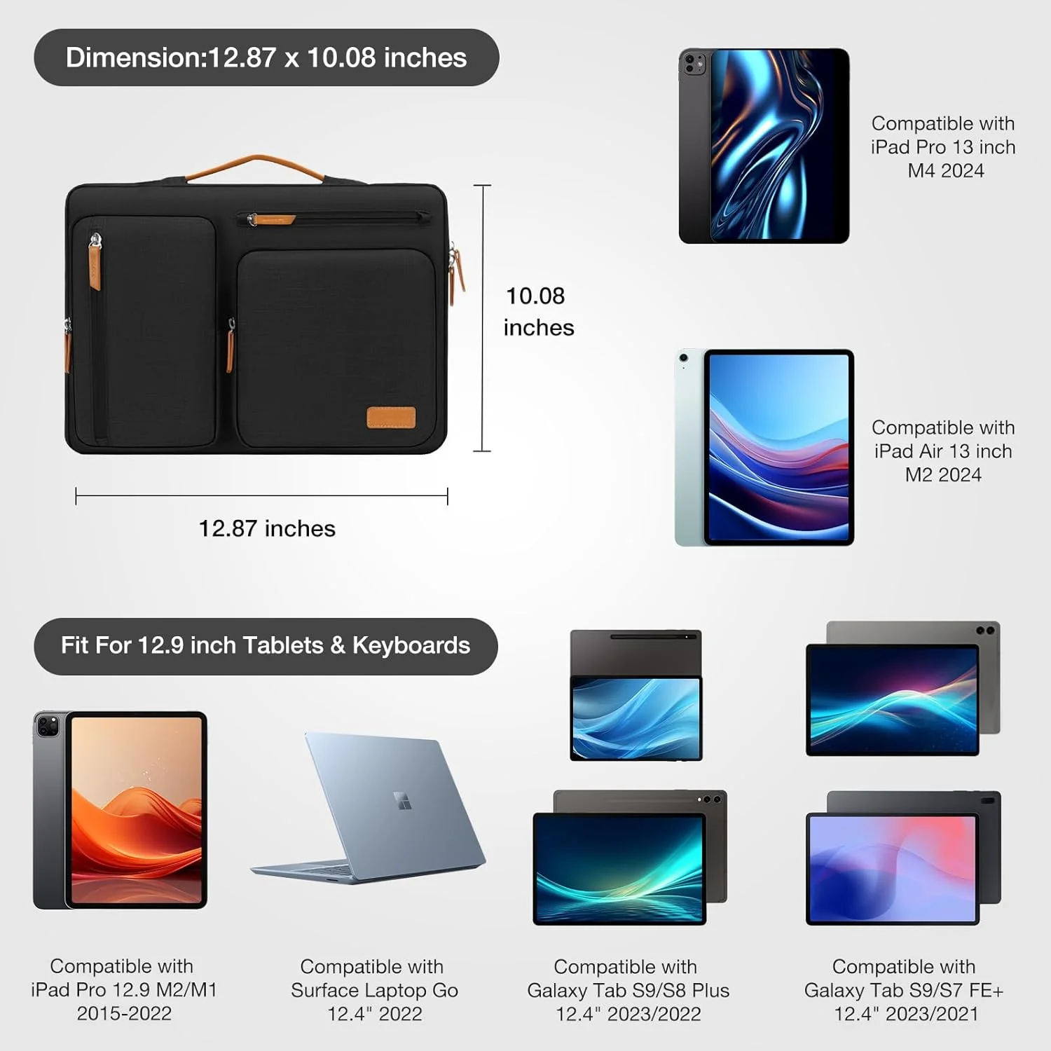 کیف آستین تبلت MOSISO برای آیپد پرو ۱۳ اینچ M4 و ایر M2 2024، آیپد پرو ۱۲.۹ اینچ M2 M1 نسل ششم و پنجم ۲۰۲۲-۲۰۱۸ با مجیک کیبورد و اسمارت کیبورد فولیو، کیف بازشو جانبی با ۴ جیب زیپ‌دار، مشکی