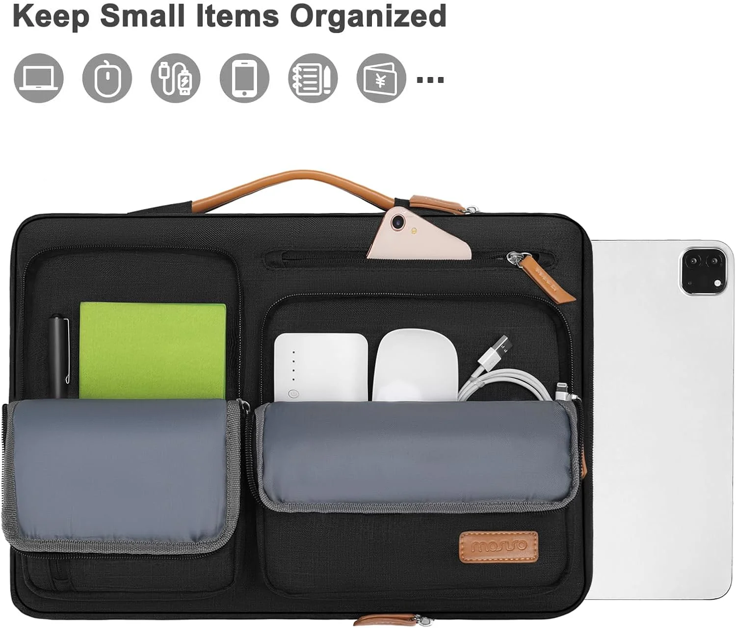 کیف آستین تبلت MOSISO برای آیپد پرو ۱۳ اینچ M4 و ایر M2 2024، آیپد پرو ۱۲.۹ اینچ M2 M1 نسل ششم و پنجم ۲۰۲۲-۲۰۱۸ با مجیک کیبورد و اسمارت کیبورد فولیو، کیف بازشو جانبی با ۴ جیب زیپ‌دار، مشکی