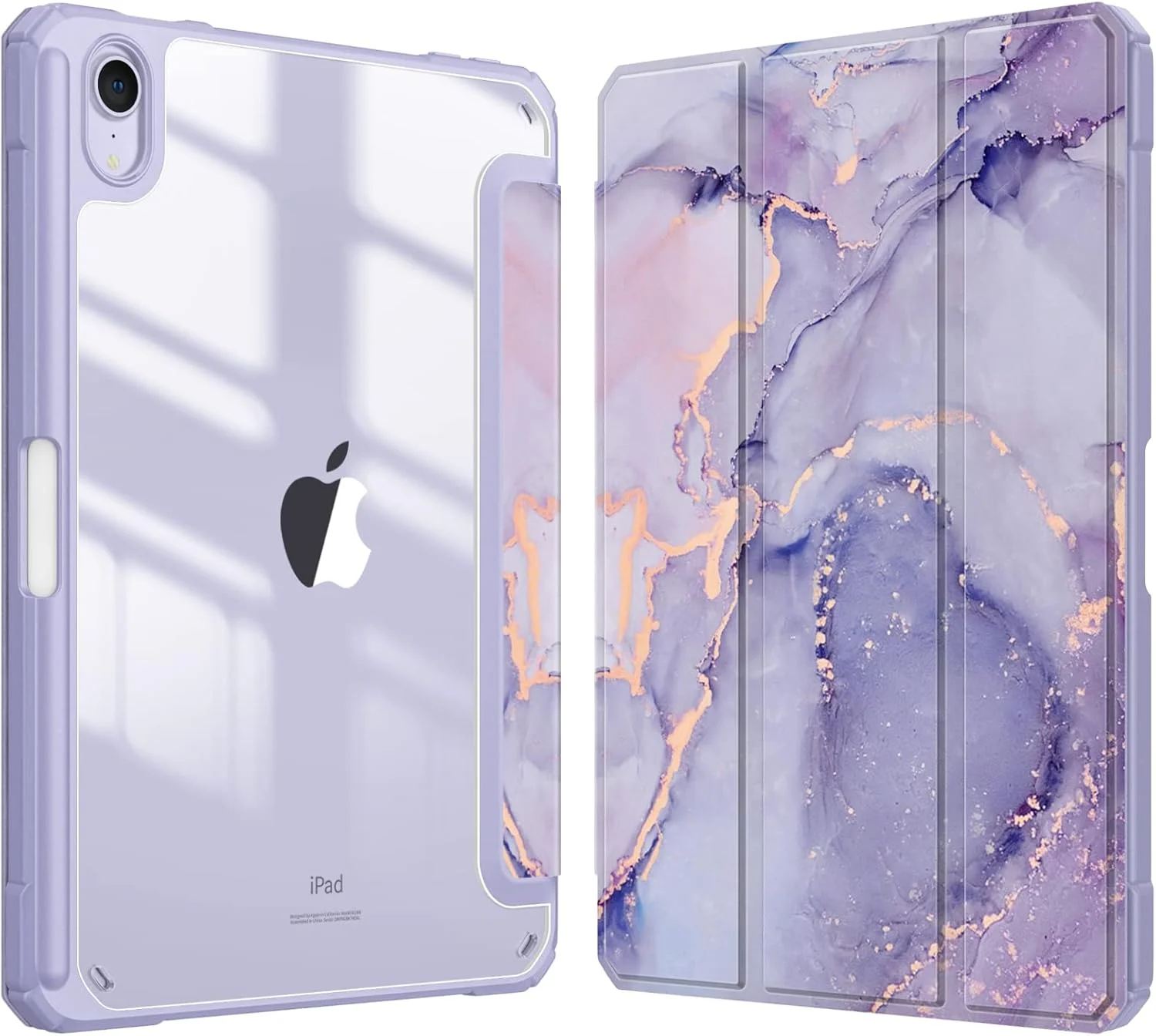 کیف باریک هیبریدی Fintie برای آیپد مینی 7 (A17 Pro) 2024 / آیپد مینی 6 2021، [دارای جای مداد داخلی] کاور ضد ضربه با پشت شفاف برای آیپد مینی نسل 7/6 8.3 اینچی، طرح سنگ مرمر یاسی