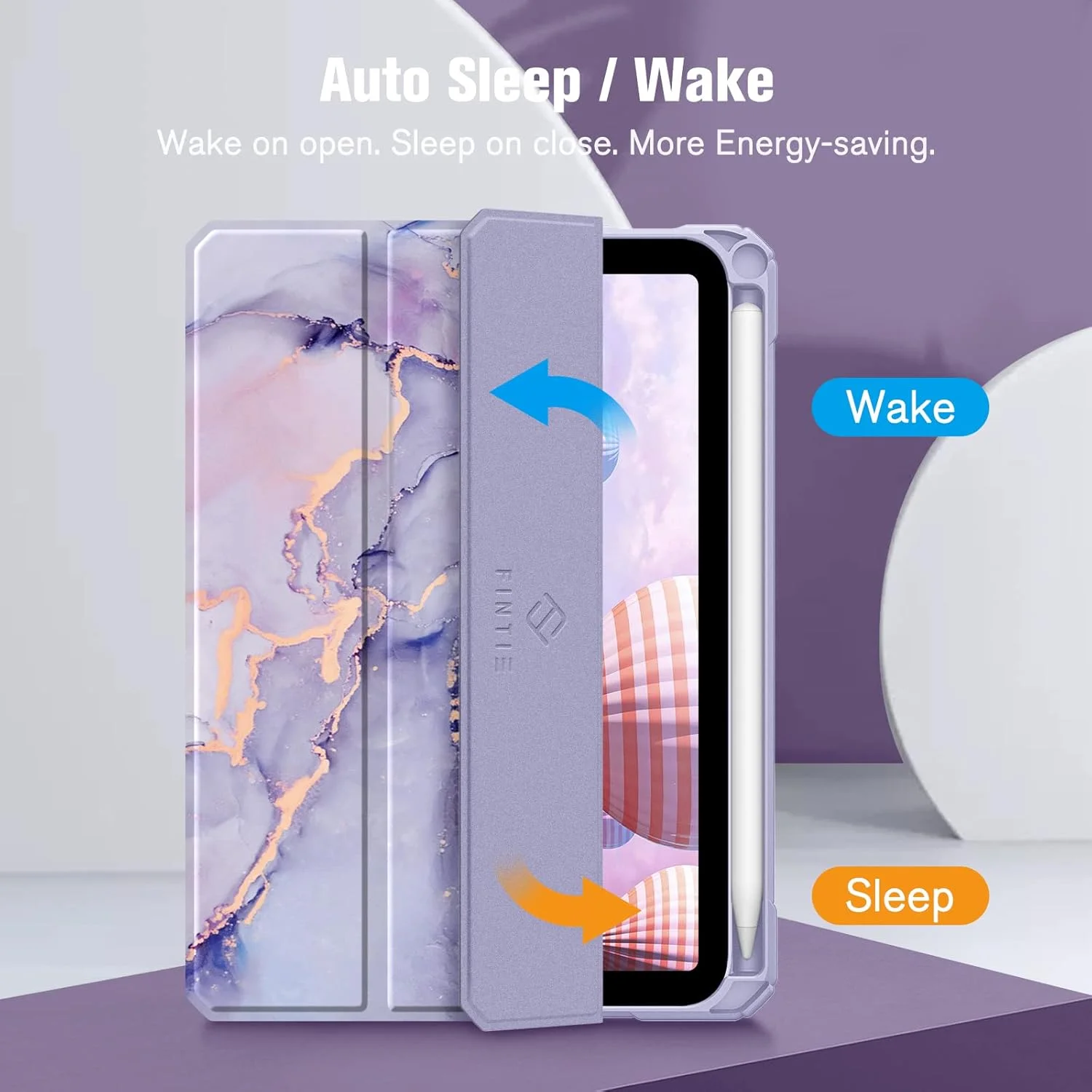 کیف باریک هیبریدی Fintie برای آیپد مینی 7 (A17 Pro) 2024 / آیپد مینی 6 2021، [دارای جای مداد داخلی] کاور ضد ضربه با پشت شفاف برای آیپد مینی نسل 7/6 8.3 اینچی، طرح سنگ مرمر یاسی