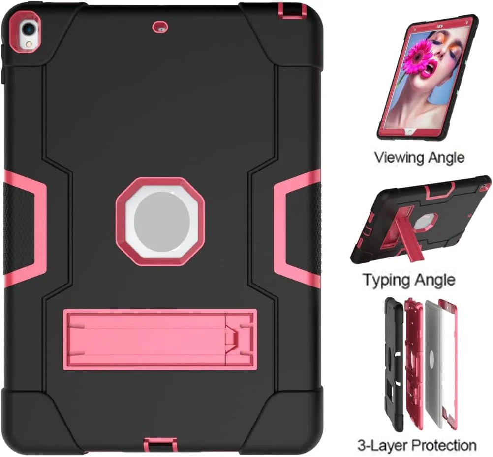 کاور ضد ضربه مناسب آیپد 2/3/4، کاور پشتی محکم و بادوام با استند برای آیپد 4 اپل، آیپد 3 و آیپد 2، مشکی + قرمز رز