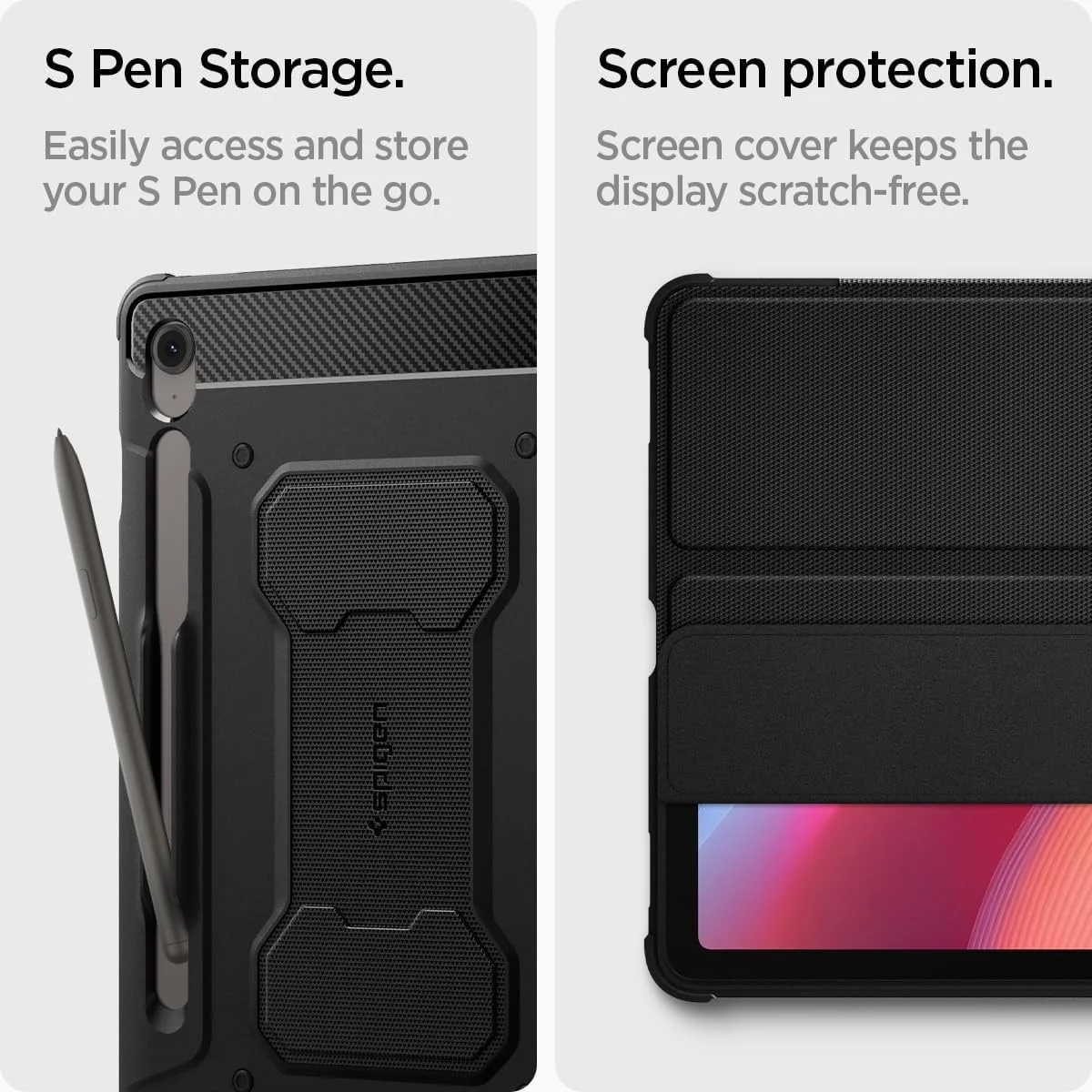 کاور محافظ تبلت سامسونگ گلکسی تب اس 10 اف ای پلاس مدل Rugged Armor Pro از Spigen (سال 2025) به همراه جای قلم S Pen [تب اس 10 اف ای پلاس] - مشکی
