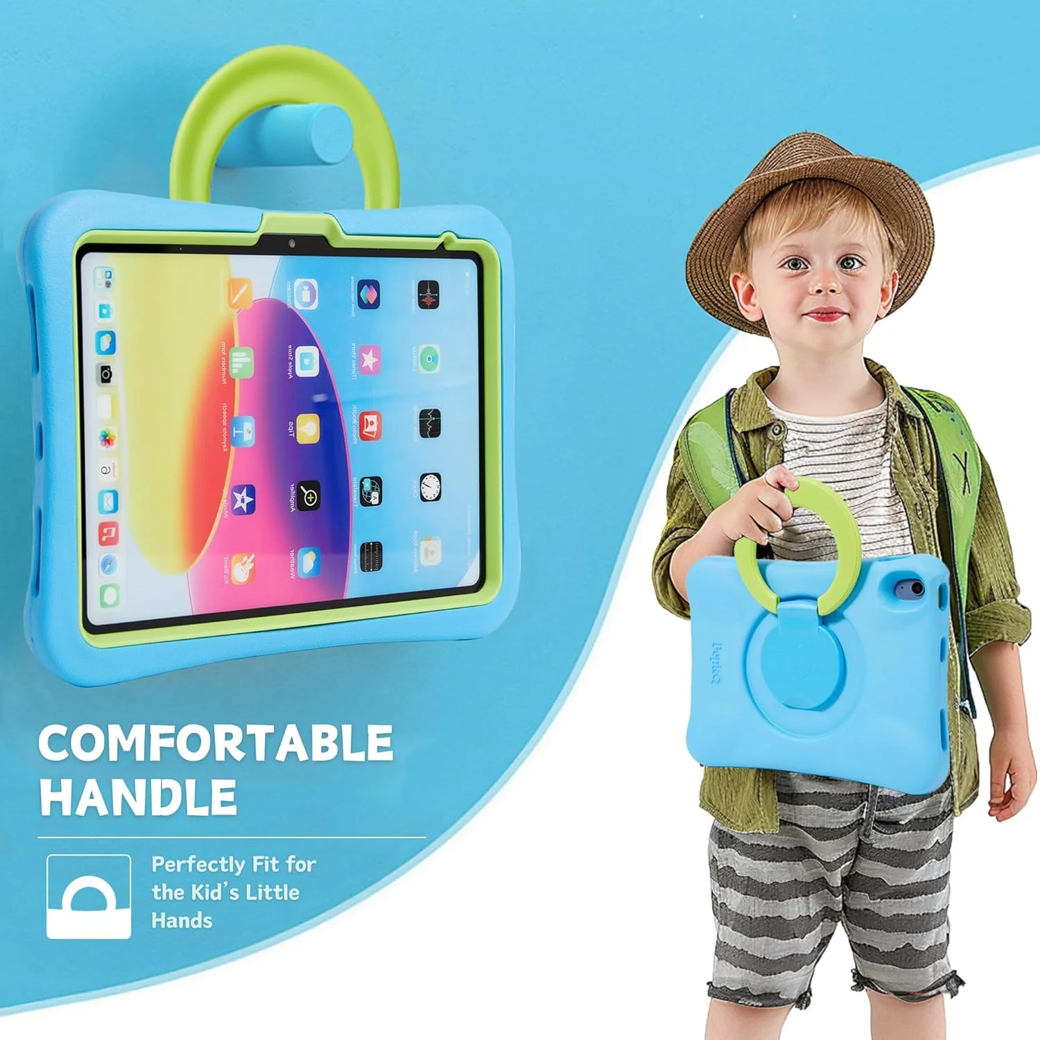 کاور ضد ضربه NLR Fun Kids مناسب برای آیپد، کاور محافظ برای آیپد 11 اینچی A16 (2025) / آیپد 10.9 اینچی نسل 10 (2022)، کاور محافظ سبک وزن تمام بدنه با دسته/پایه تاشو (آبی+سبز)