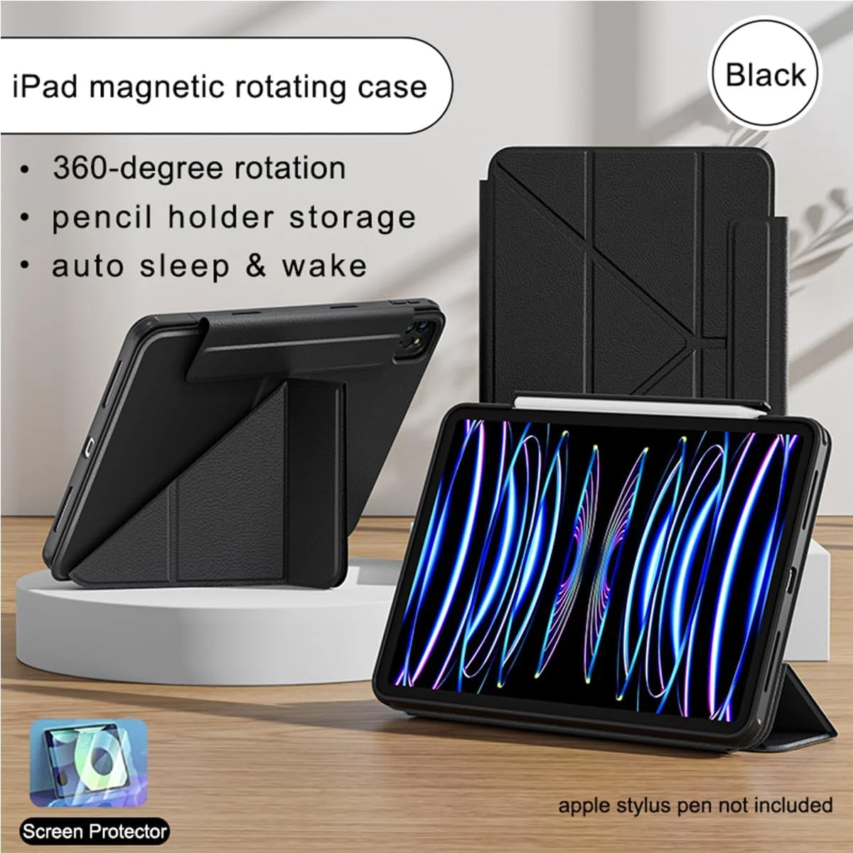 کاور آهنربایی چرخان جداشدنی PUCHEN مدل [1+1] برای آیپد 10 (10.9 اینچی، نسل دهم)، به همراه محافظ صفحه نمایش شیشه ای، کاور تبلت قابل تنظیم با نگهدارنده قلم و قابلیت بیدار/خواب خودکار (آیپد 10 (10.9 اینچی))