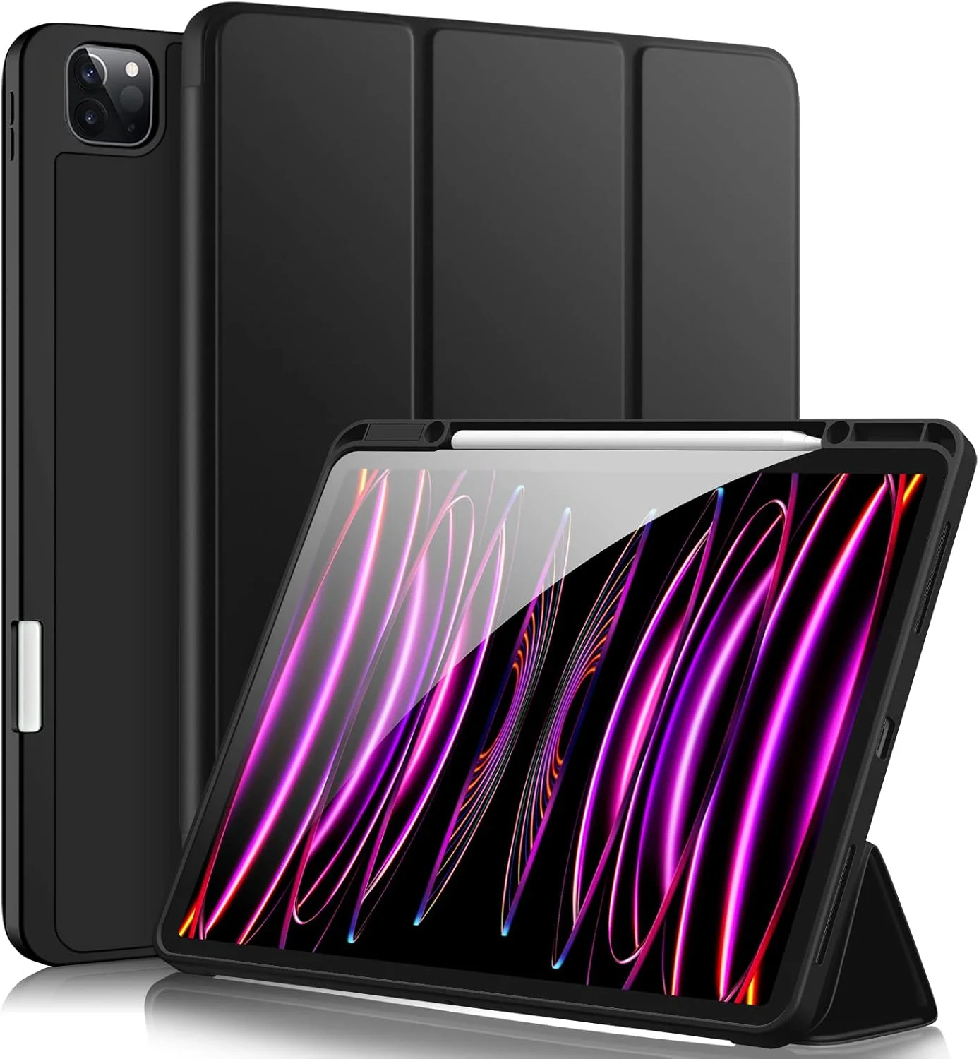 کاور آکردز سازگار با آیپد پرو 12.9 اینچ نسل 6/5/4/3 به همراه جای قلم، کاور هوشمند سه تایی با پشت TPU نرم برای آیپد پرو 12.9 اینچ 2022/2021/2020/2018، قابلیت بیدار شدن/به خواب رفتن خودکار، مشکی