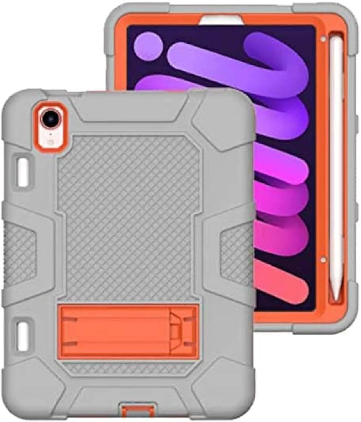 کیف محافظ آیپد مینی 6 مدل 2021 به همراه پایه، مقاوم در برابر ضربه، سه لایه محافظتی سخت و نرم، کیف سیلیکونی تبلت اپل (خاکستری+نارنجی)