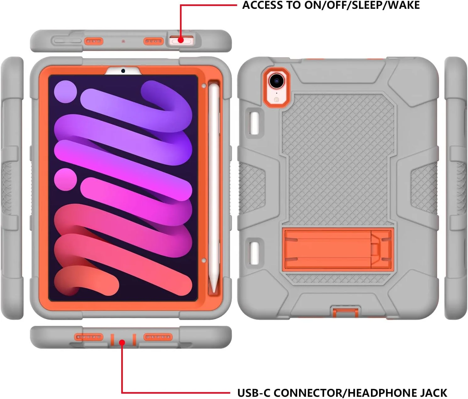 کیف محافظ آیپد مینی 6 مدل 2021 به همراه پایه، مقاوم در برابر ضربه، سه لایه محافظتی سخت و نرم، کیف سیلیکونی تبلت اپل (خاکستری+نارنجی)
