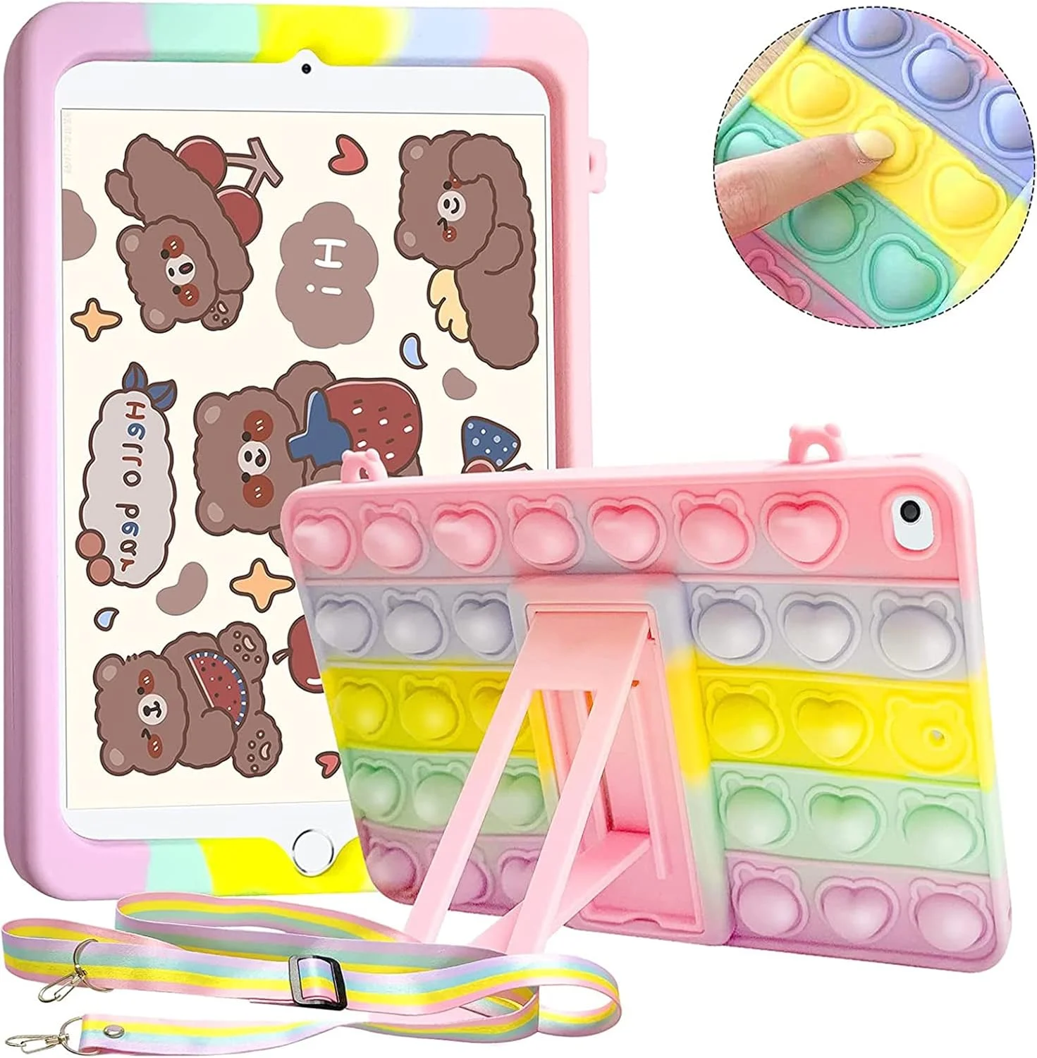 کاور تبلت آیپد 10.2 اینچ SYOSI مدل 2021 2020 2019 (نسل 9/8/7)، ضد استرس و اضطراب با طراحی پاپ ایت، دارای استند و بند، رنگین کمانی