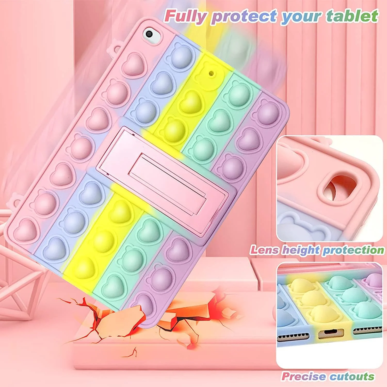 کاور تبلت آیپد 10.2 اینچ SYOSI مدل 2021 2020 2019 (نسل 9/8/7)، ضد استرس و اضطراب با طراحی پاپ ایت، دارای استند و بند، رنگین کمانی