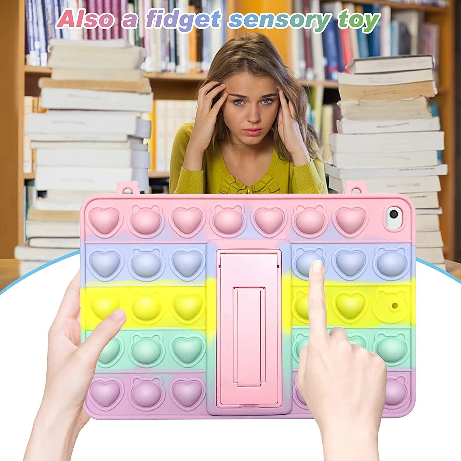 کاور تبلت آیپد 10.2 اینچ SYOSI مدل 2021 2020 2019 (نسل 9/8/7)، ضد استرس و اضطراب با طراحی پاپ ایت، دارای استند و بند، رنگین کمانی