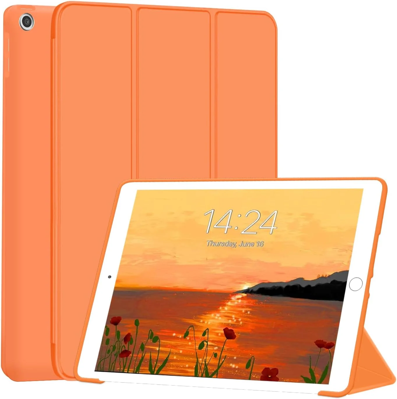 کیف آیپد 10.2 اینچی FANSONG، کیف چرمی PU برای نسل 9، 8 و 7، دارای بند دستی، پایه چند زاویه ای، قابلیت بیدار شدن/خواب خودکار هوشمند، به همراه جای قلم برای تبلت های اپل آیپد 9 2021، 8 2020، 7 2019 (نارنجی)