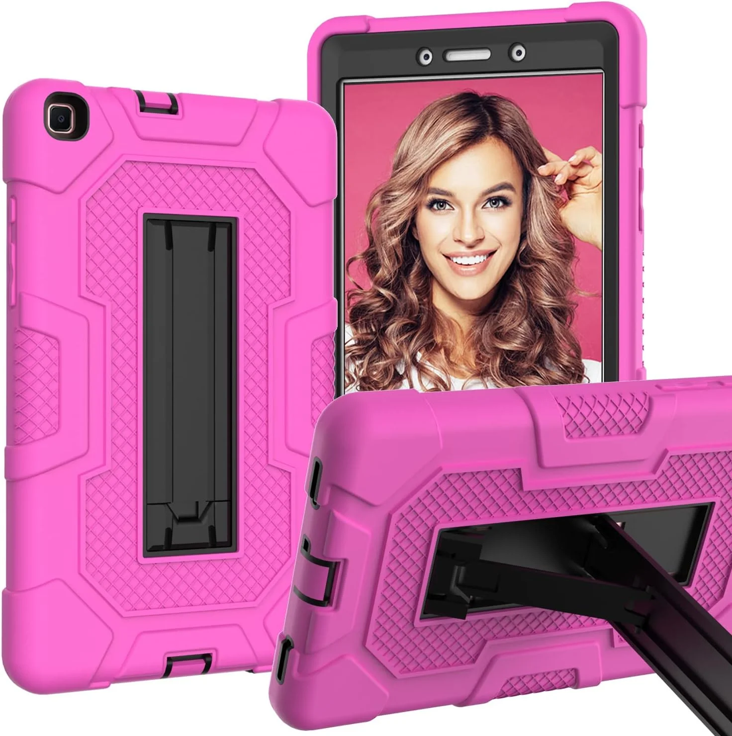 کیف تبلت سامسونگ Tab A 8.0 (2019) مدل T290/T295 با پایه نگهدارنده، محافظ سه لایه هیبریدی سخت ضد ضربه با پوسته نرم سیلیکونی (رز + مشکی)