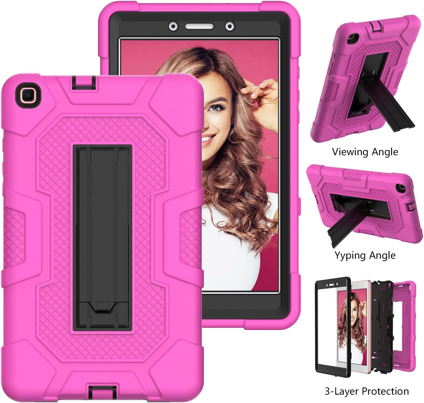 کیف تبلت سامسونگ Tab A 8.0 (2019) مدل T290/T295 با پایه نگهدارنده، محافظ سه لایه هیبریدی سخت ضد ضربه با پوسته نرم سیلیکونی (رز + مشکی)