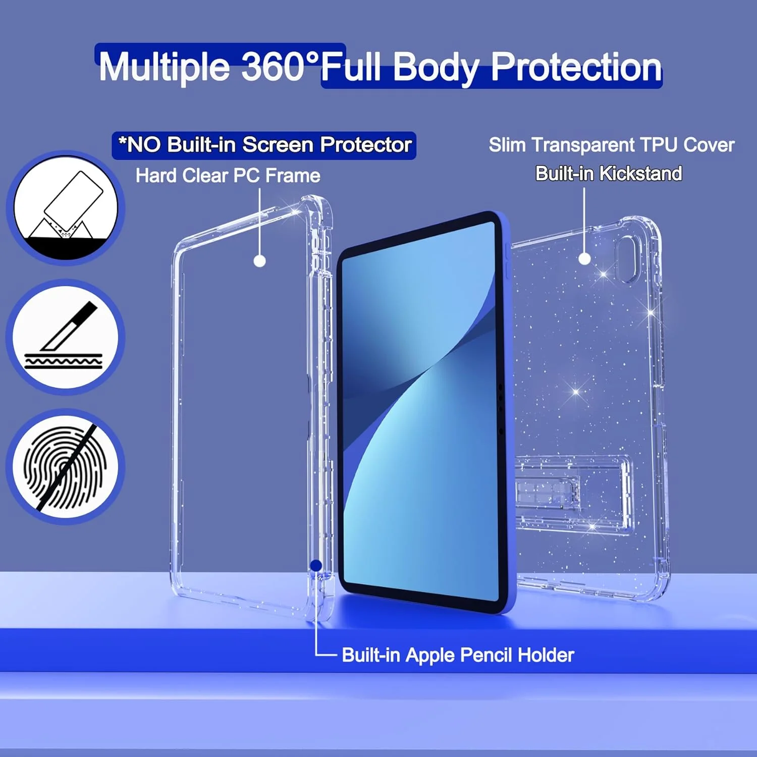 کاور آیپد نسل 10 رنتایس به همراه محافظ صفحه نمایش، جای قلم و پایه نگهدارنده - باریک، براق و ضربه گیر مناسب بانوان و دختران، اکلیلی شفاف