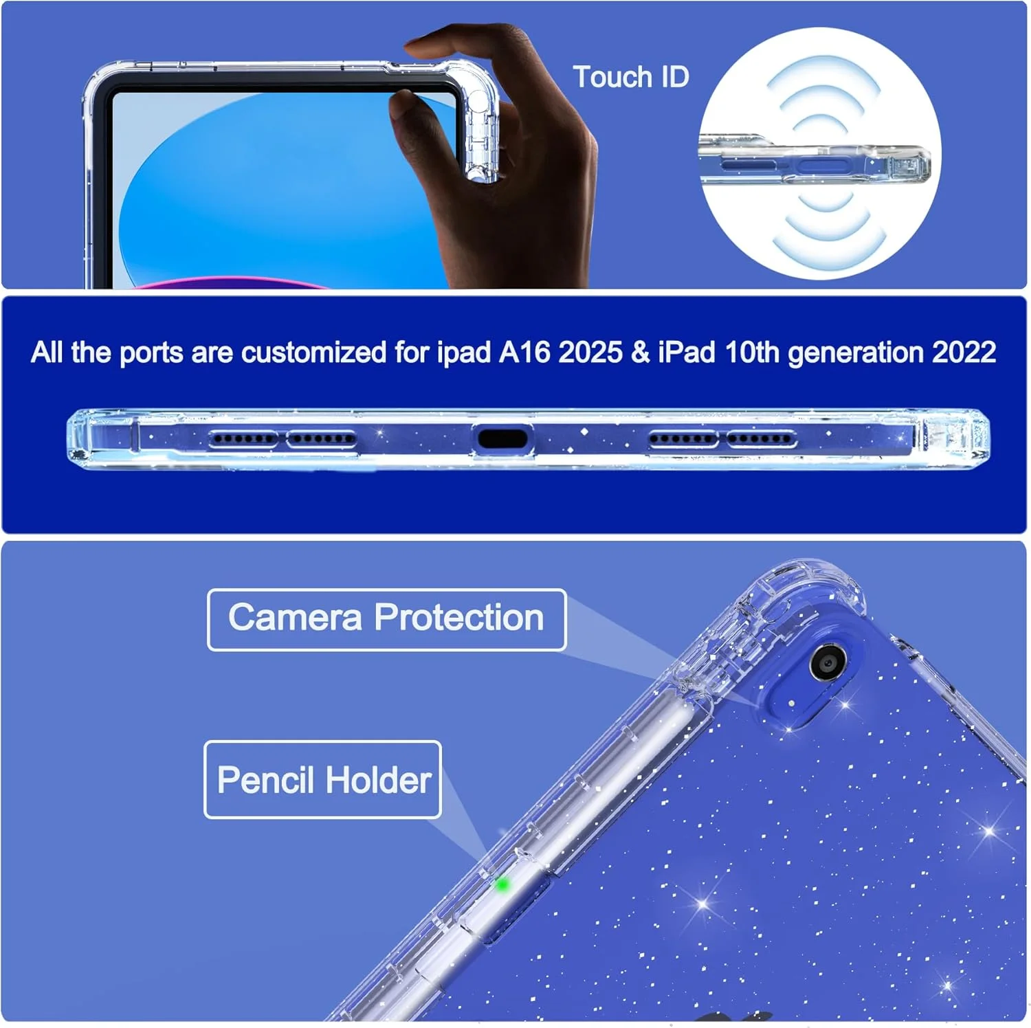 کاور آیپد نسل 10 رنتایس به همراه محافظ صفحه نمایش، جای قلم و پایه نگهدارنده - باریک، براق و ضربه گیر مناسب بانوان و دختران، اکلیلی شفاف