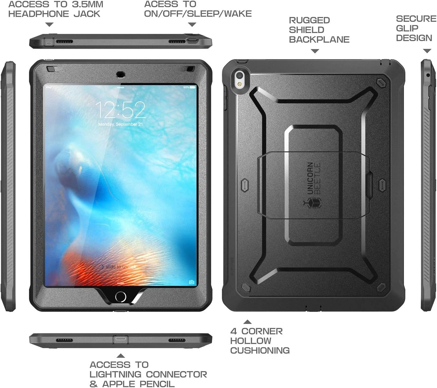 کاور مقاوم SUPCASE مدل [Unicorn Beetle Pro] طراحی شده برای آیپد پرو 9.7 2016، محافظ کامل بدنه با محافظ صفحه نمایش داخلی - مشکی