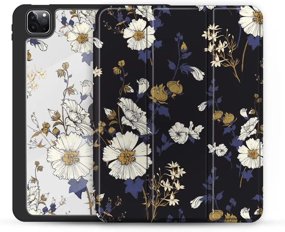 کاور محافظ آیپد O Ozone سازگار با آیپد ایر 5/4 10.9 اینچ / آیپد پرو 11 اینچ، دارای قابلیت خواب/بیدار شدن خودکار با جای قلم، ضد خش، کاور محافظ TPU نرم طرح گل، ضد ضربه - مشکی