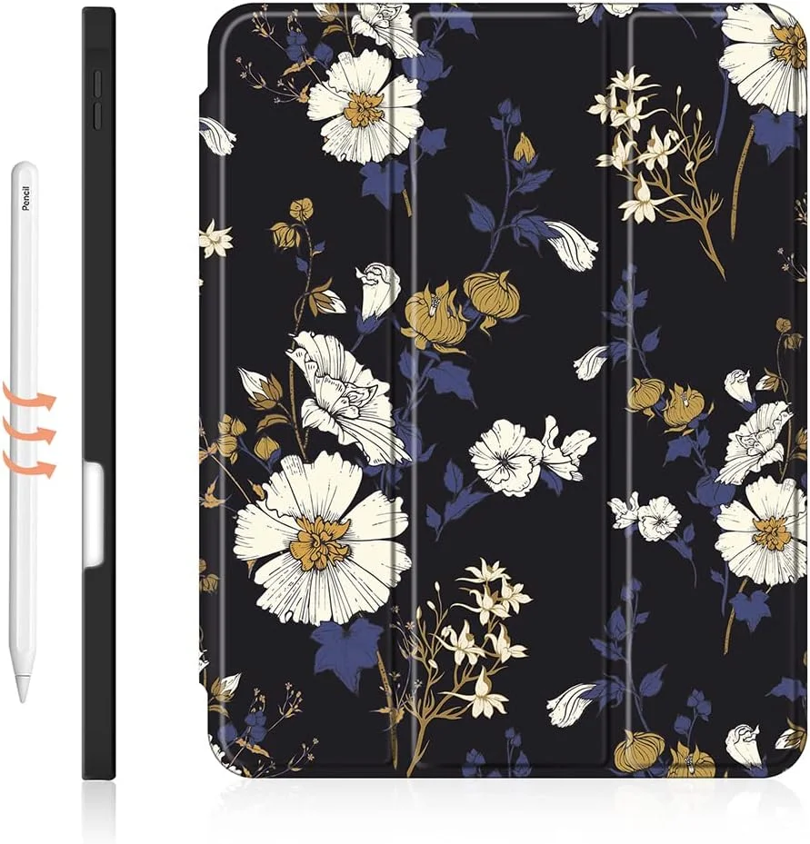 کاور محافظ آیپد O Ozone سازگار با آیپد ایر 5/4 10.9 اینچ / آیپد پرو 11 اینچ، دارای قابلیت خواب/بیدار شدن خودکار با جای قلم، ضد خش، کاور محافظ TPU نرم طرح گل، ضد ضربه - مشکی