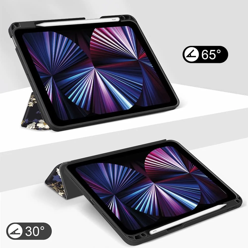 کاور محافظ آیپد O Ozone سازگار با آیپد ایر 5/4 10.9 اینچ / آیپد پرو 11 اینچ، دارای قابلیت خواب/بیدار شدن خودکار با جای قلم، ضد خش، کاور محافظ TPU نرم طرح گل، ضد ضربه - مشکی