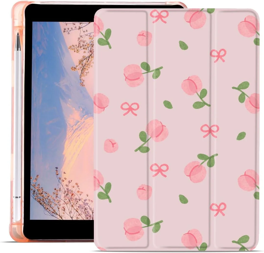 کاور آیپد مینی 7 (A17 Pro) 2024 / آیپد مینی 6 2021 با طرح گل لاله صورتی، دارای جای قلم، قابلیت بیدار شدن/به خواب رفتن خودکار، استند تاشو، پشت TPU نرم و چرم صورتی مناسب دختران و کودکان