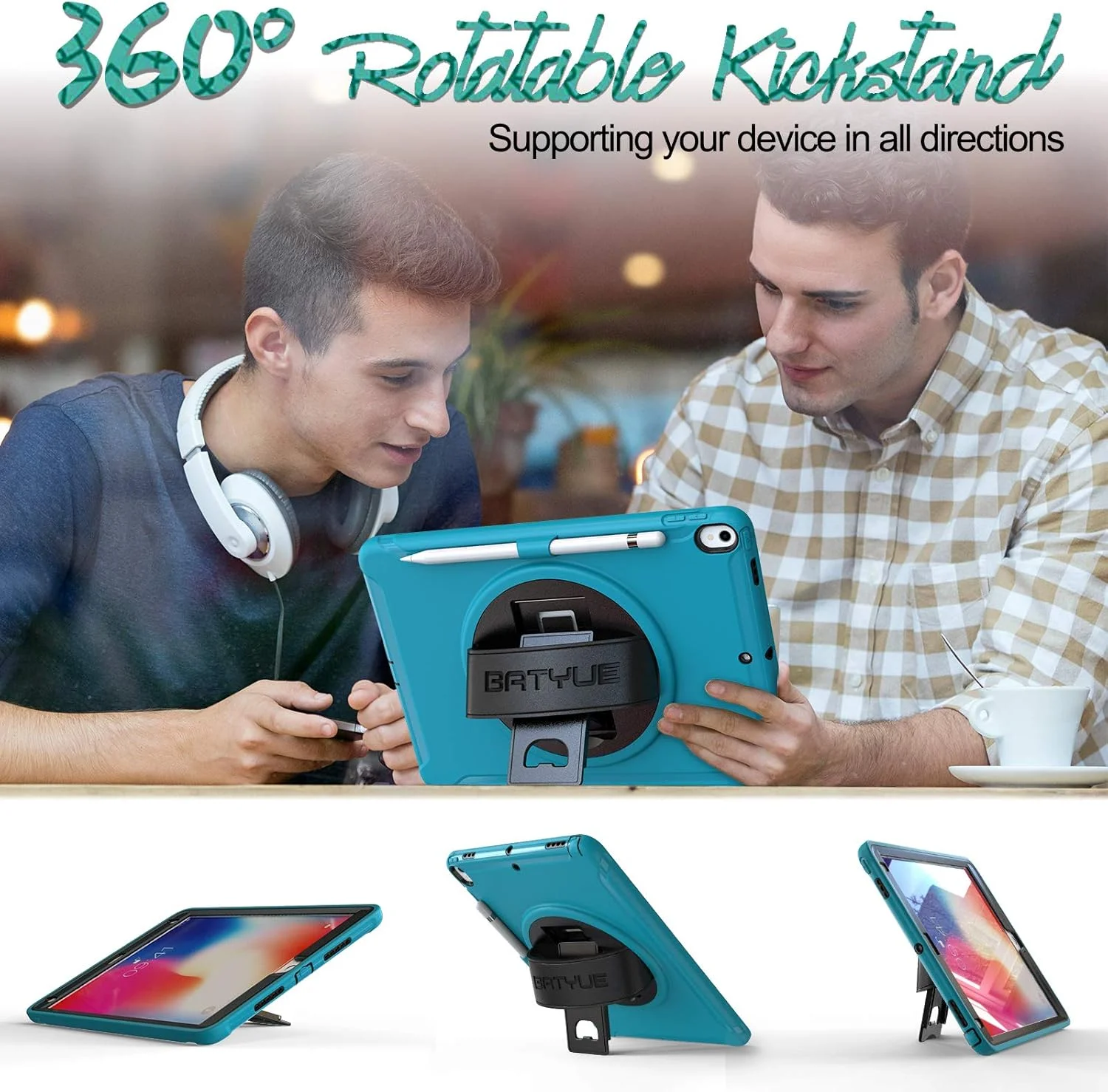 BATYUE iPad Pro 10.5 Case 2017/Apple iPad Air 3 Case 2019 Full-Body Shockproof Rugged Case w/Built-in 360° Swivel Kickstand/Leather Hand Strap for iPad Air 10.5 Case with Pencil Holder (Light Blue)