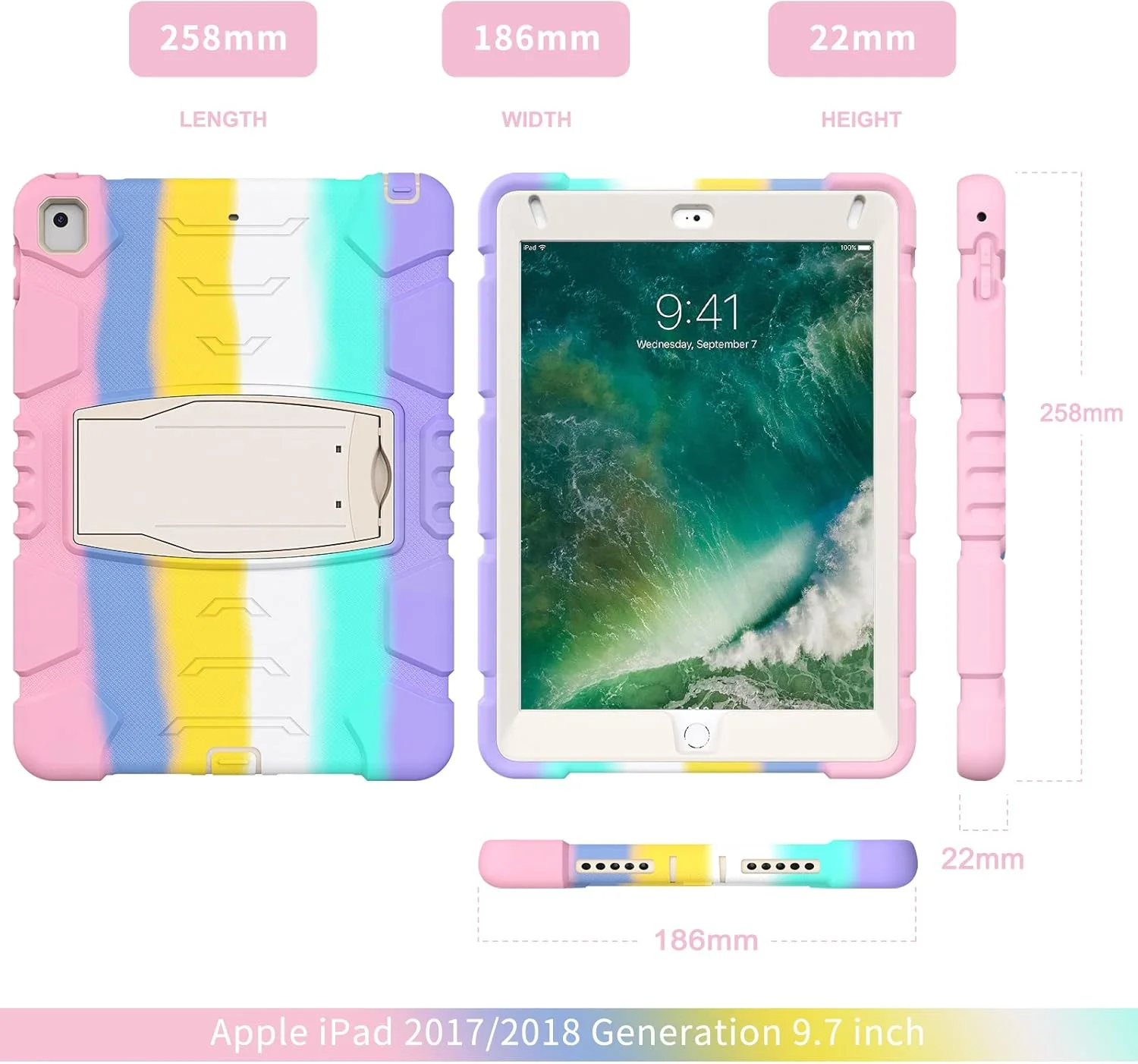 کاور هریز آیپد ایر 2، کاور آیپد نسل 6/5، کاور آیپد 9.7 اینچ 2018/2017، کاور آیپد پرو 9.7 اینچ، کاور تبلت دخترانه، زنانه، پسرانه و مردانه محافظ ضد ضربه شب تاب 3 در 1 با پایه