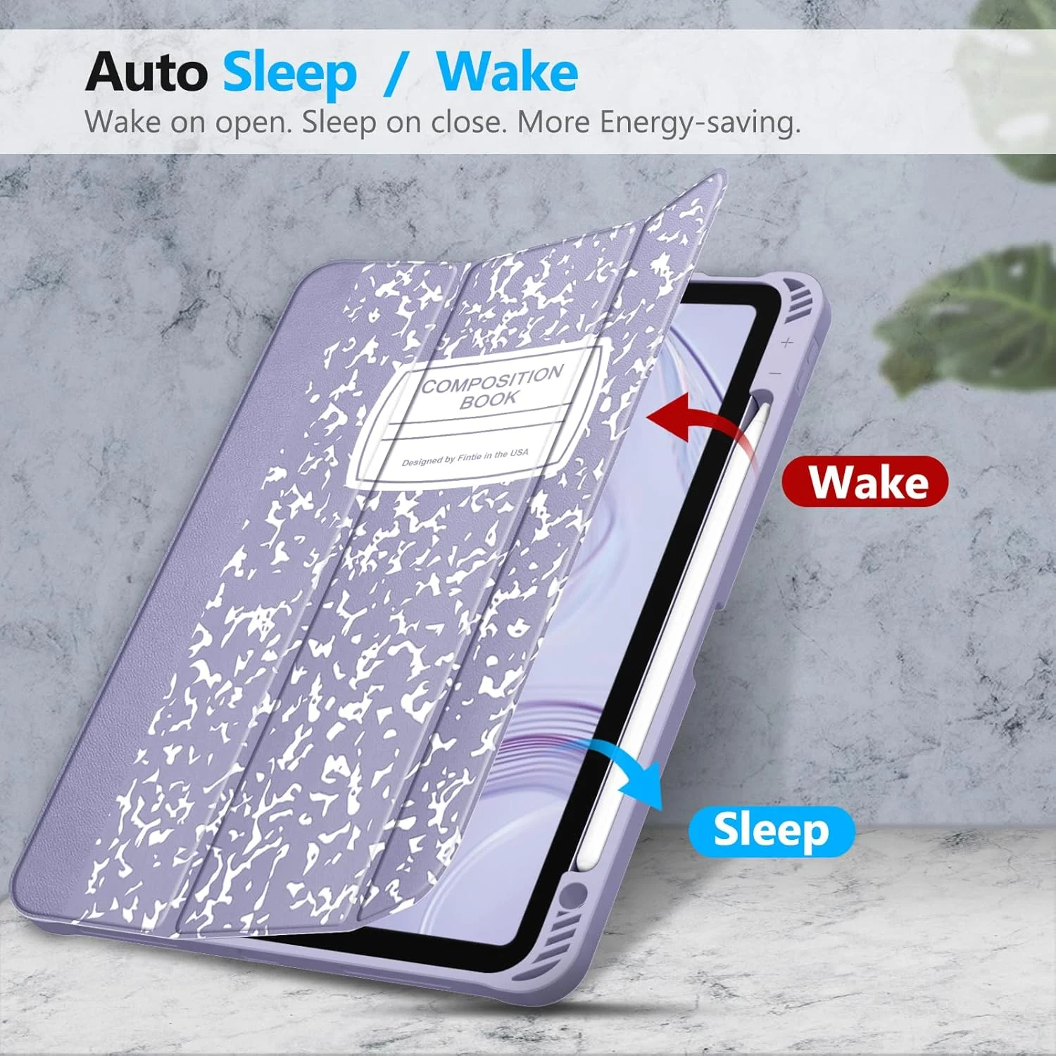 کاور SlimShell Fintie برای آیپد ایر 11 اینچ M2 (2024)، آیپد ایر نسل 5 (2022) / آیپد ایر نسل 4 (2020) 10.9 اینچ - کاور پشتی TPU نرم و انعطاف پذیر با نگهدارنده قلم، طرح Composition Lilac
