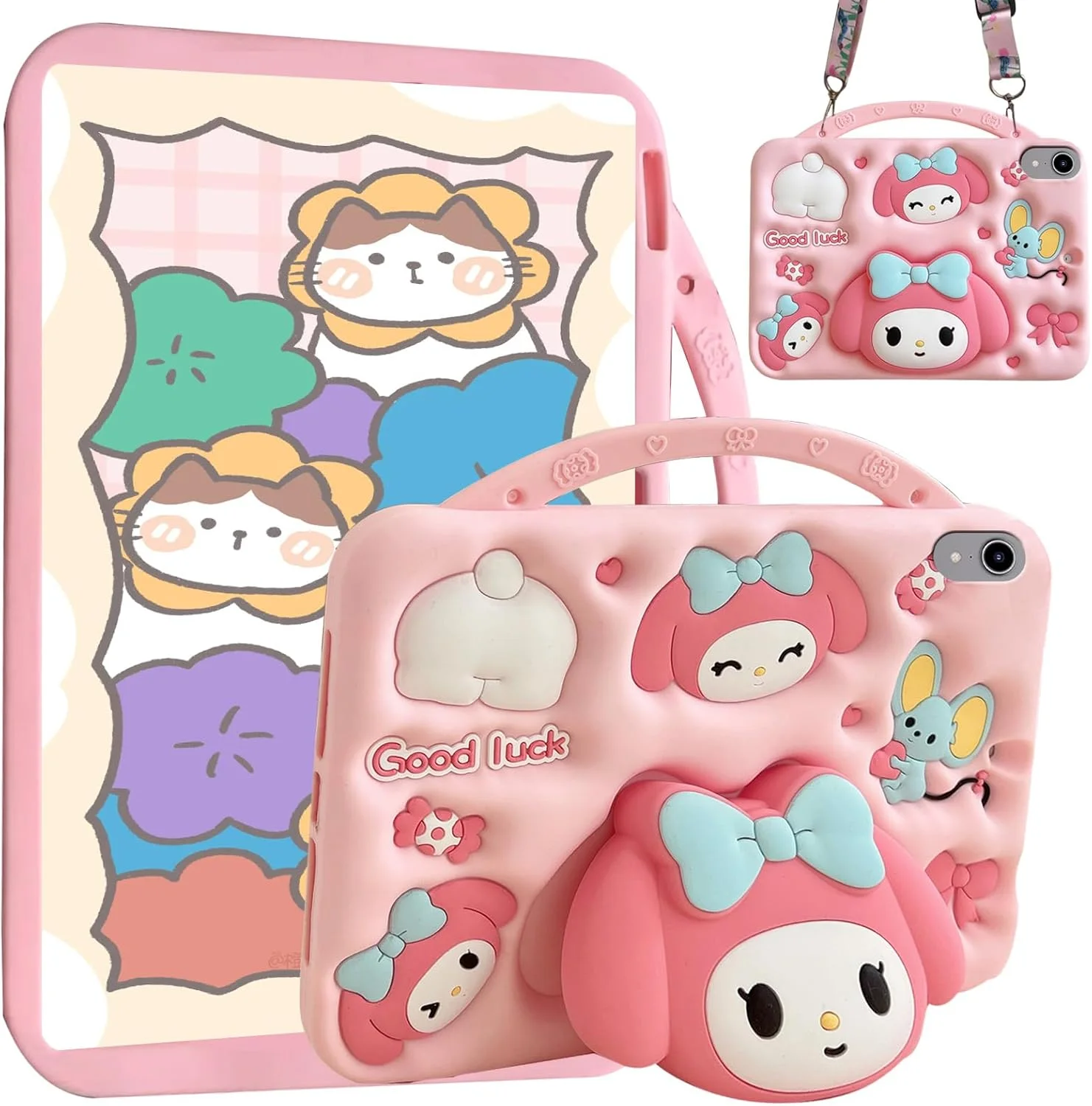 کیف محافظ کودکانه سازگار با آیپد مینی 7 A17 Pro 8.3 اینچی 2024، آیپد مینی نسل 6، کاور ملودی ضد ضربه با پایه دسته دار و بند شانه