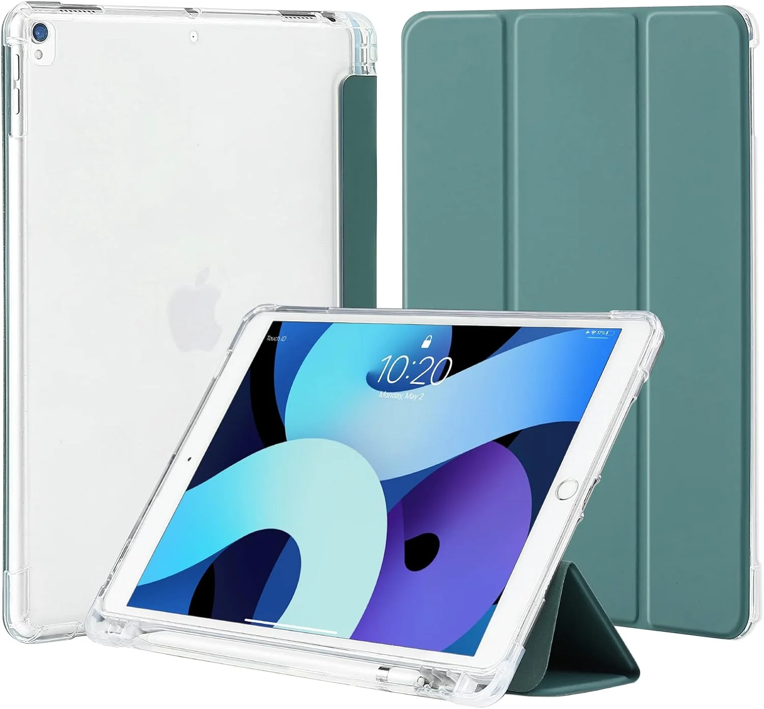 کاور 4UBonLife مناسب برای آیپد نسل 9/8/7 (10.2 اینچ) 2021/2020/2019، آیپد ایر 3/ پرو 10.5 اینچ 2017، دارای جای قلم، باریک، سبک، با پوشش پشتی TPU مات نیمه شفاف، سبز شب