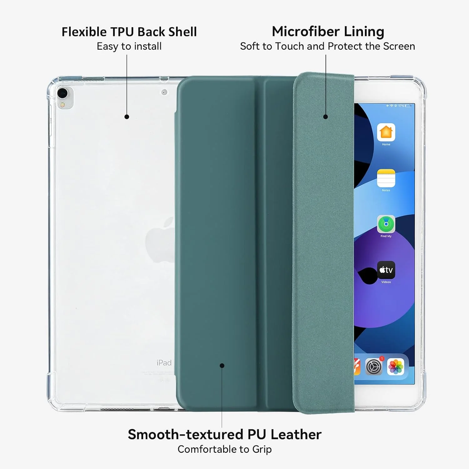 کاور 4UBonLife مناسب برای آیپد نسل 9/8/7 (10.2 اینچ) 2021/2020/2019، آیپد ایر 3/ پرو 10.5 اینچ 2017، دارای جای قلم، باریک، سبک، با پوشش پشتی TPU مات نیمه شفاف، سبز شب