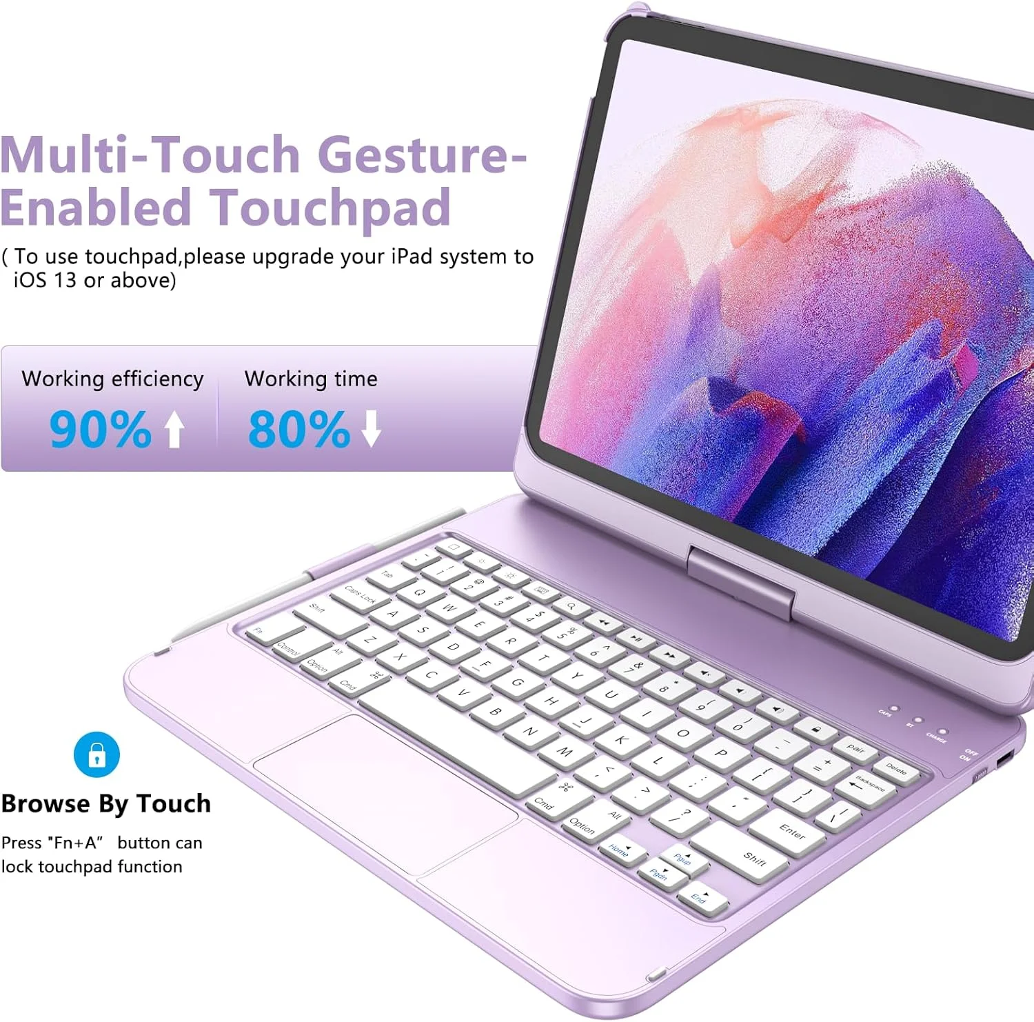 کیبورد و کاور چرخشی 360 درجه تاشو آیپد TQQ Touch مناسب نسل 10 (10.9 اینچ، 2022) و نسل 11 (11 اینچ، 2025) - باریک و سبک با ترک‌پد چند لمسی - بنفش روشن