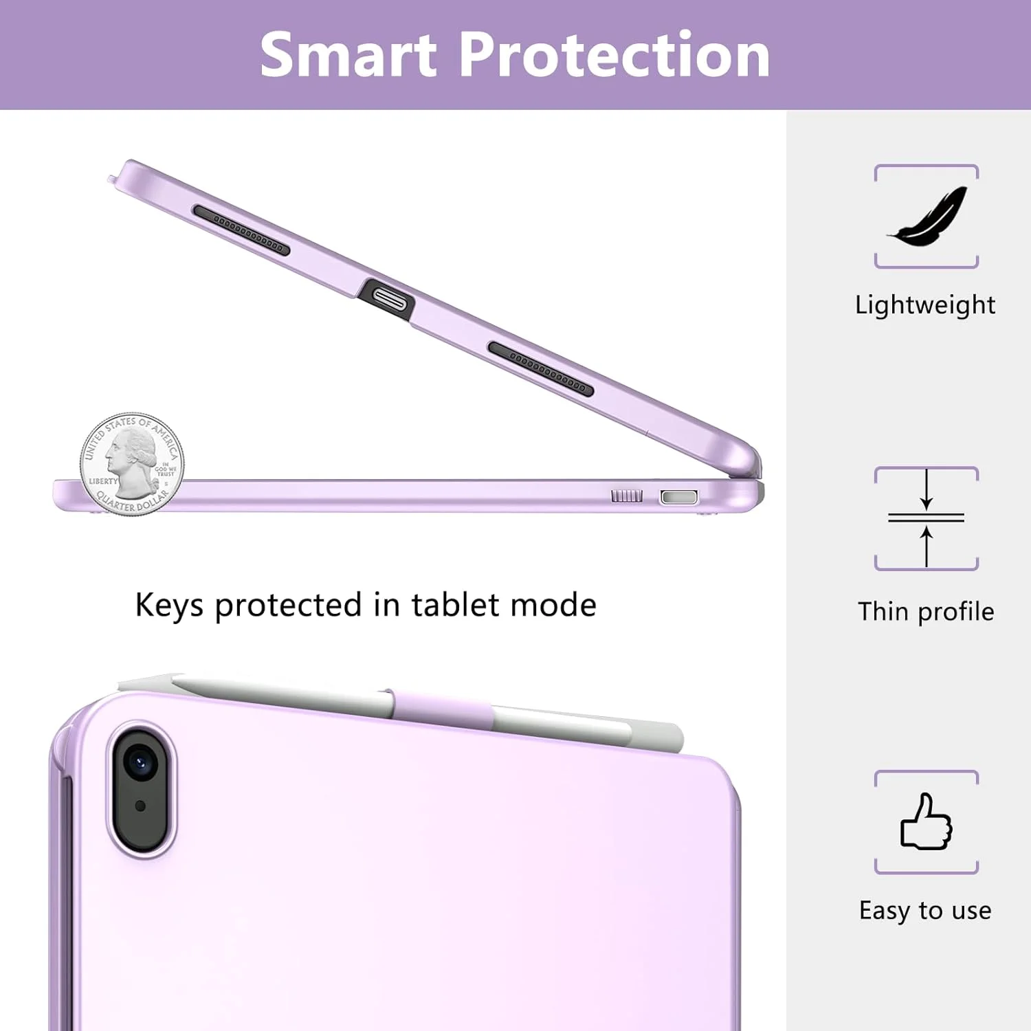 کیبورد و کاور چرخشی 360 درجه تاشو آیپد TQQ Touch مناسب نسل 10 (10.9 اینچ، 2022) و نسل 11 (11 اینچ، 2025) - باریک و سبک با ترک‌پد چند لمسی - بنفش روشن