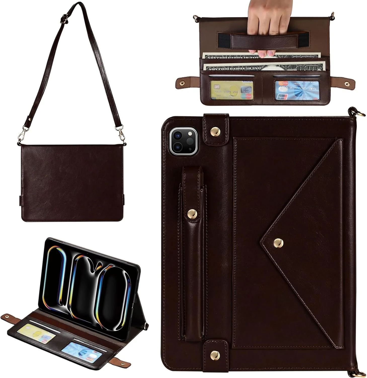 کیف دستی آیپد پرو ۱۱ اینچ M4 نسل پنجم ۲۰۲۴، کیف تبلت Techcircle Folio Stand چرم PU با بند دستی و بند دوشی، دارای جای مداد، جای کارت و کیف پول، قهوه ای تیره
