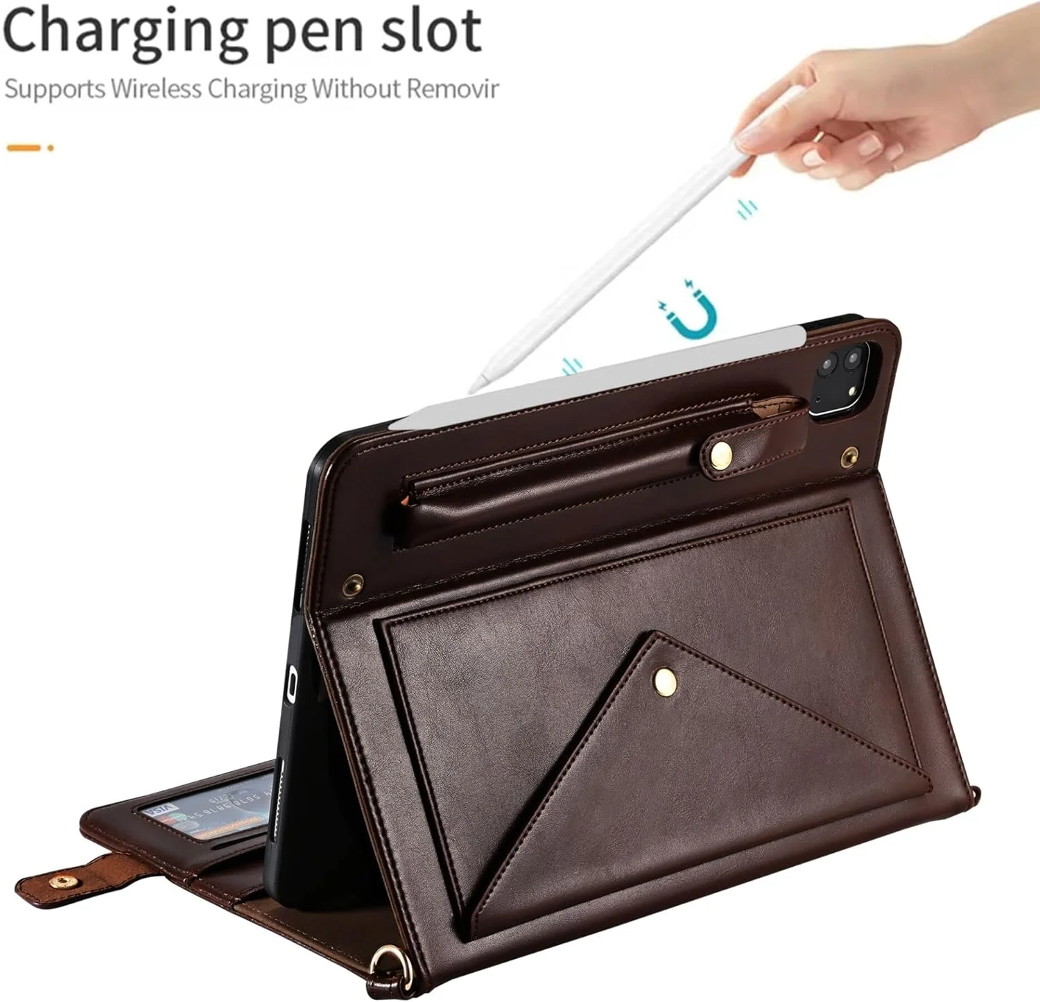 کیف دستی آیپد پرو ۱۱ اینچ M4 نسل پنجم ۲۰۲۴، کیف تبلت Techcircle Folio Stand چرم PU با بند دستی و بند دوشی، دارای جای مداد، جای کارت و کیف پول، قهوه ای تیره
