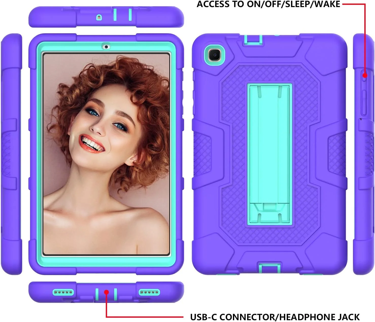 کیف تبلت سامسونگ YEOU Tab A7 Lite 8.7 T225/T220 (2021) با پایه، مقاوم در برابر ضربه، سه لایه محافظ سخت و نرم سیلیکونی (بنفش + سبز نعنایی)