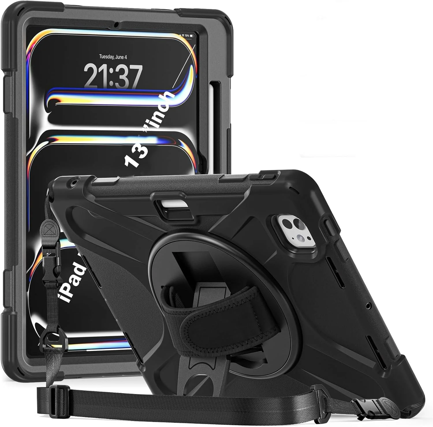کاور ProElite برای Apple iPad Pro 13 اینچ 2024، کاور محافظ زرهی 3 لایه مقاوم برای iPad Pro 13 اینچ M4 2024 به همراه جایگاه قلم Apple، بند شانه و پایه نگهدارنده، مشکی
