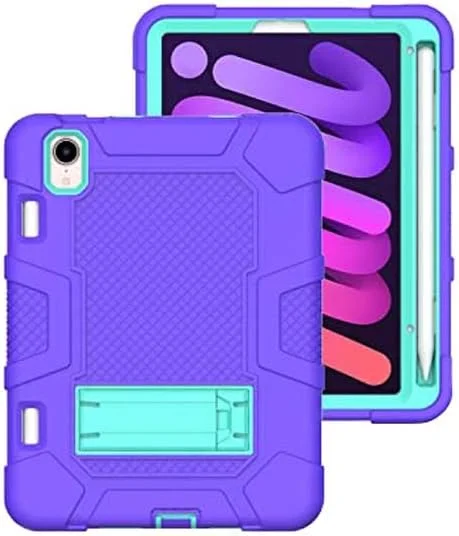 کیف محافظ آیپد مینی 6 مدل 2021 به همراه پایه، مقاوم در برابر ضربه، سه لایه محافظ سخت و نرم، کیف سیلیکونی تبلت اپل (بنفش + سبز نعنایی) کیف محافظ آیپد مینی 6 مدل 2021 به همراه پایه، مقاوم در برابر ضربه، سه لایه محافظ سخت و نرم، کیف سیلیکونی تبلت اپل (بنفش + سبز نعنایی)