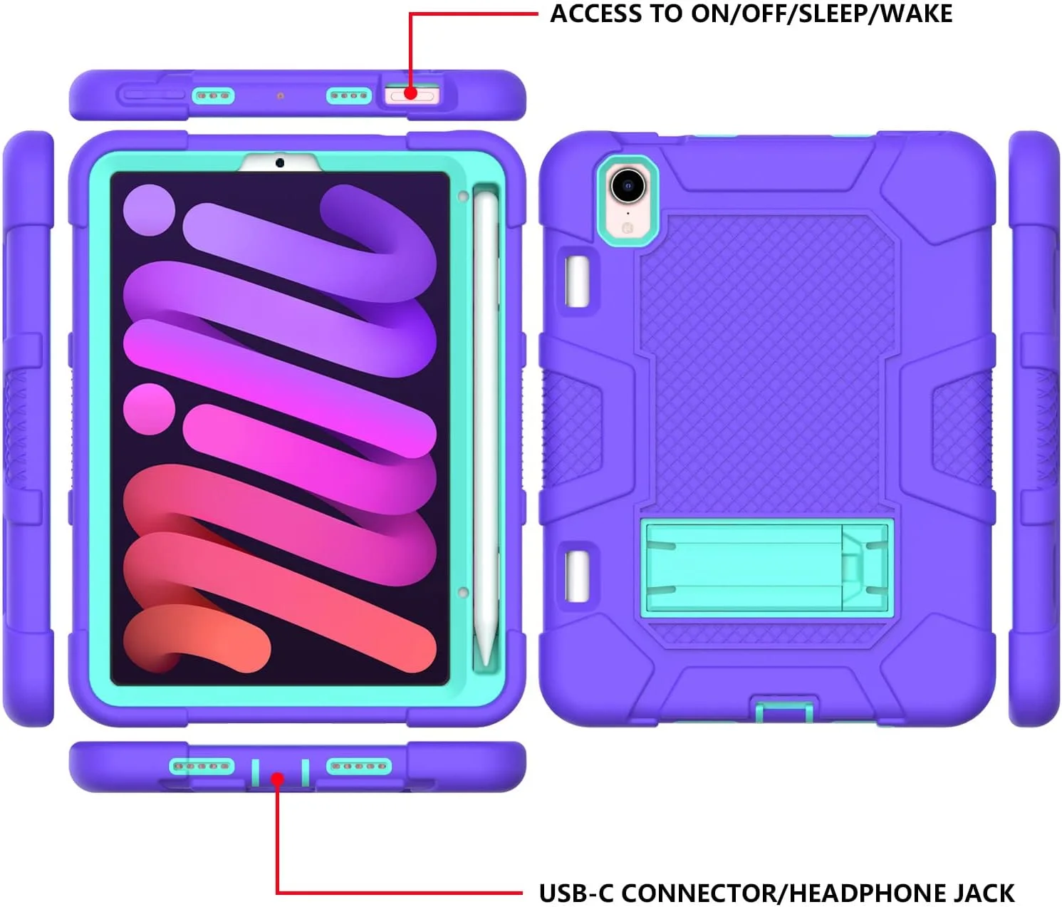 کیف محافظ آیپد مینی 6 مدل 2021 به همراه پایه، مقاوم در برابر ضربه، سه لایه محافظ سخت و نرم، کیف سیلیکونی تبلت اپل (بنفش + سبز نعنایی)