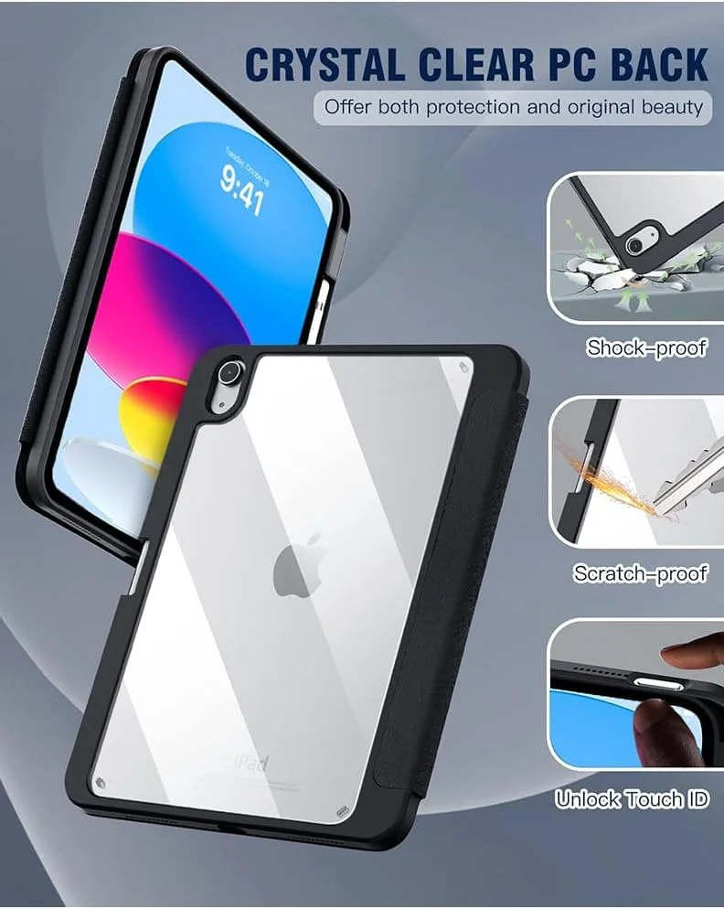 کاور باریک هیبریدی برای آیپد نسل 10، 10.9 اینچی 2022 با جای قلم، کاور محافظ سه لایه ضد ضربه با پشت TPU نرم و شفاف برای آیپد نسل 10، حالت خواب/بیدار خودکار - مشکی