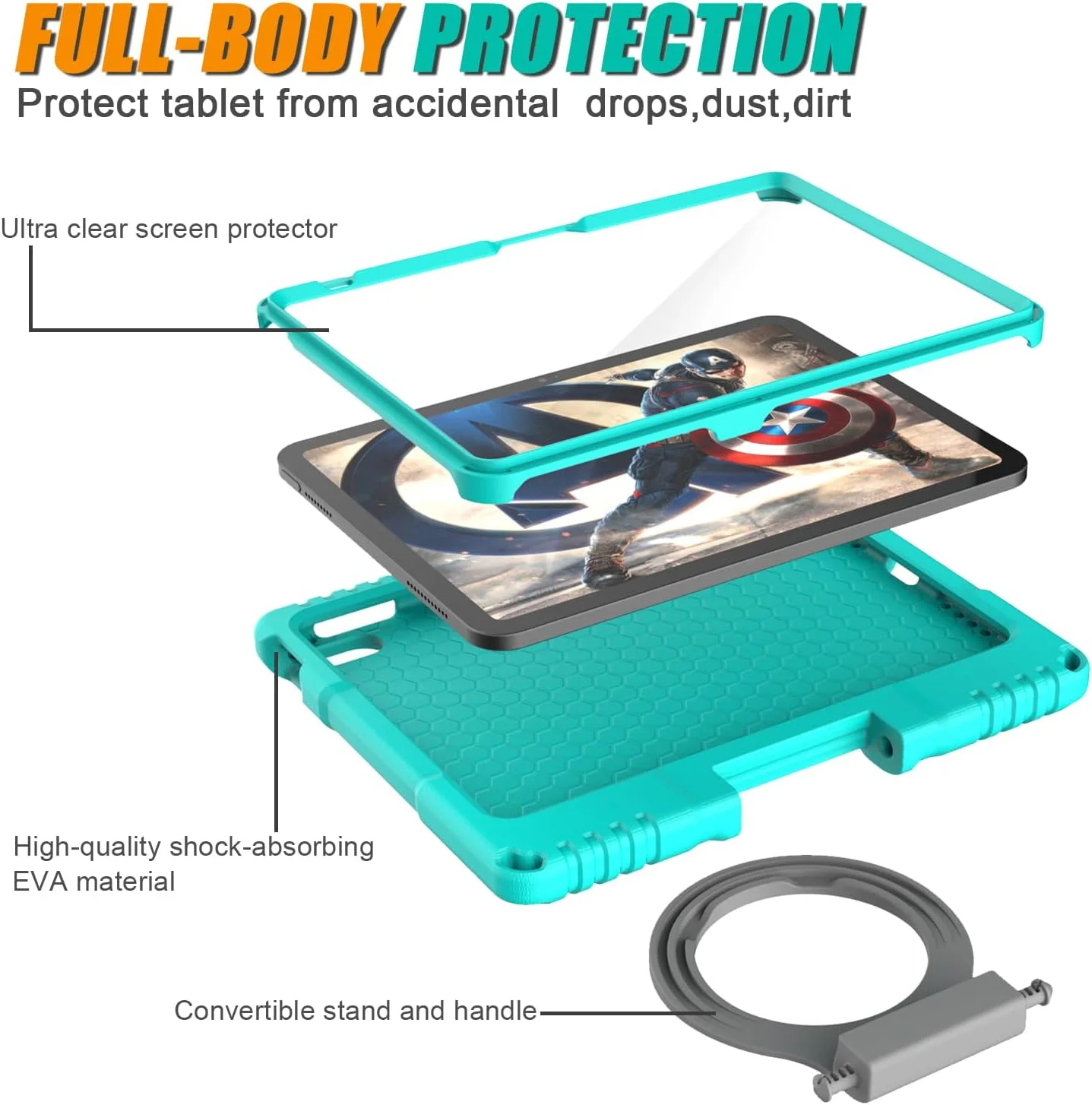 کاور آیپد (A16) نسل 11/کاور آیپد نسل 10 بچه گانه (2025/2022، 11 اینچ/10.9 اینچ) TrendGate سبک وزن مقاوم در برابر ضربه آیپد ایر 11 اینچ 2024 محافظ صفحه نمایش داخلی با پایه دسته - فیروزه ای