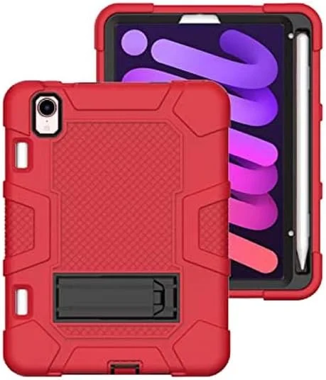 کیف آیپد مینی 6 مدل 2021 YEOU با استند، محافظ سه لایه هیبریدی سخت و مقاوم در برابر ضربه، کیف سیلیکونی تبلت اپل (قرمز + مشکی)