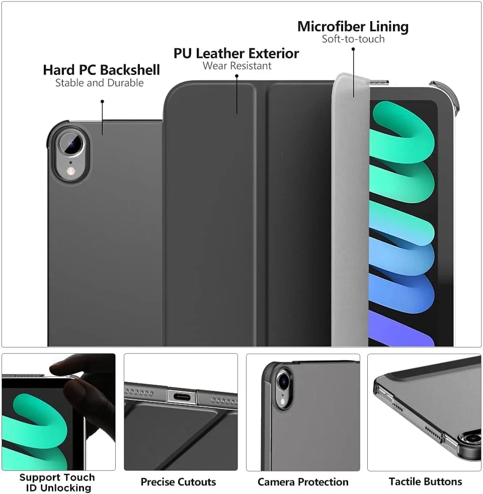 کاور وی جی جی ان یو یو برای آیپد مینی 6، کاور باریک و شفاف سه تایی هوشمند برای آیپد مینی 6 تبلت 2021 - مشکی