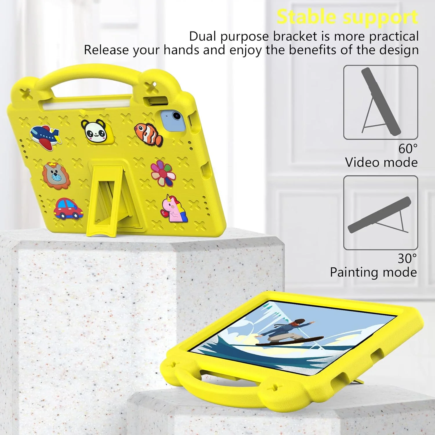کیف آیپد نسل 10 مخصوص کودکان، ضد ضربه با قابلیت DIY به همراه جای قلم/دسته/پایه/بند شانه، کاور محافظ کودکانه تبلت برای آیپد نسل 10 (2022)/ایر 4/5 10.9 اینچ/آیپد پرو 11 (زرد)