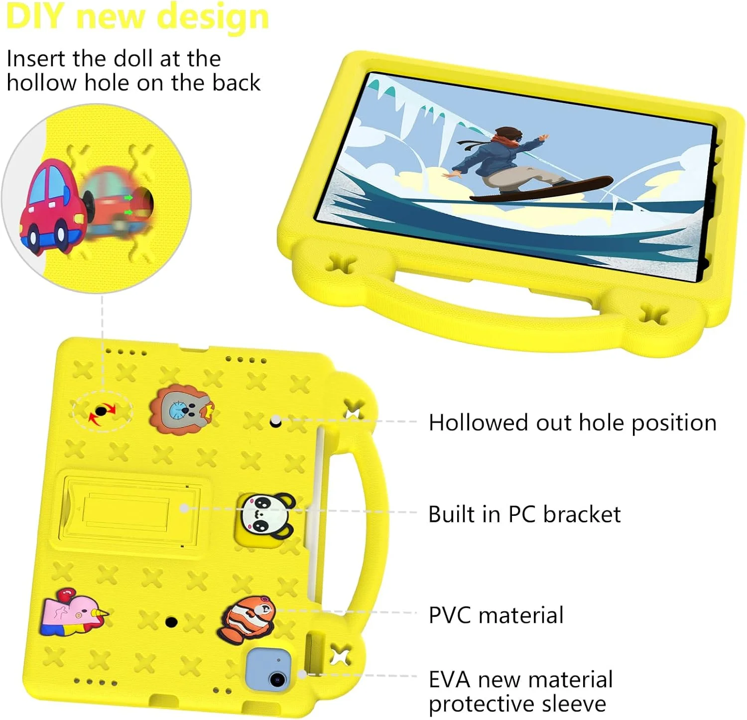 کیف آیپد نسل 10 مخصوص کودکان، ضد ضربه با قابلیت DIY به همراه جای قلم/دسته/پایه/بند شانه، کاور محافظ کودکانه تبلت برای آیپد نسل 10 (2022)/ایر 4/5 10.9 اینچ/آیپد پرو 11 (زرد)