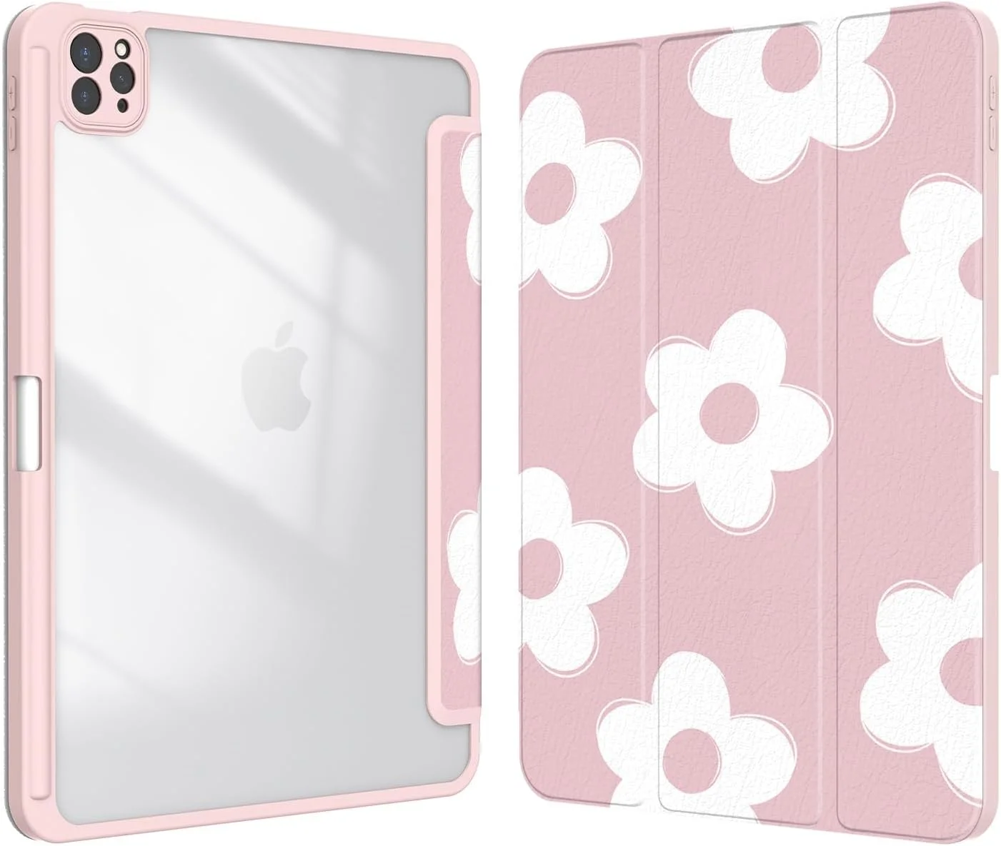 کاور Xkladz برای آیپد پرو 11 اینچ نسل 4/ 3/ 2/ 1 (2022/2021/2020/2018)، کاور با جای قلم، قاب پشتی شفاف با طراحی زیبا و جذاب برای زنان و دختران، حالت خواب/ بیدار خودکار، گل صورتی سفید