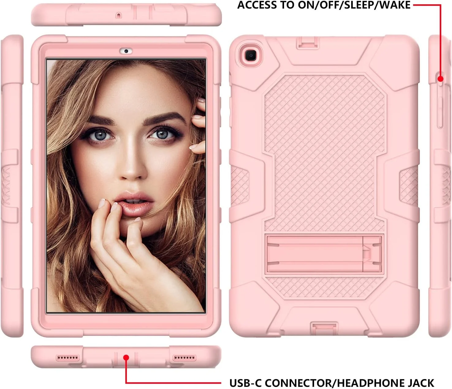 کیف تبلت سامسونگ Tab A 8.0 (2019) مدل T290/T295 با پایه نگهدارنده، مقاوم در برابر ضربه، سه لایه محافظتی سخت و نرم، قاب سیلیکونی تبلت (رزگلد)