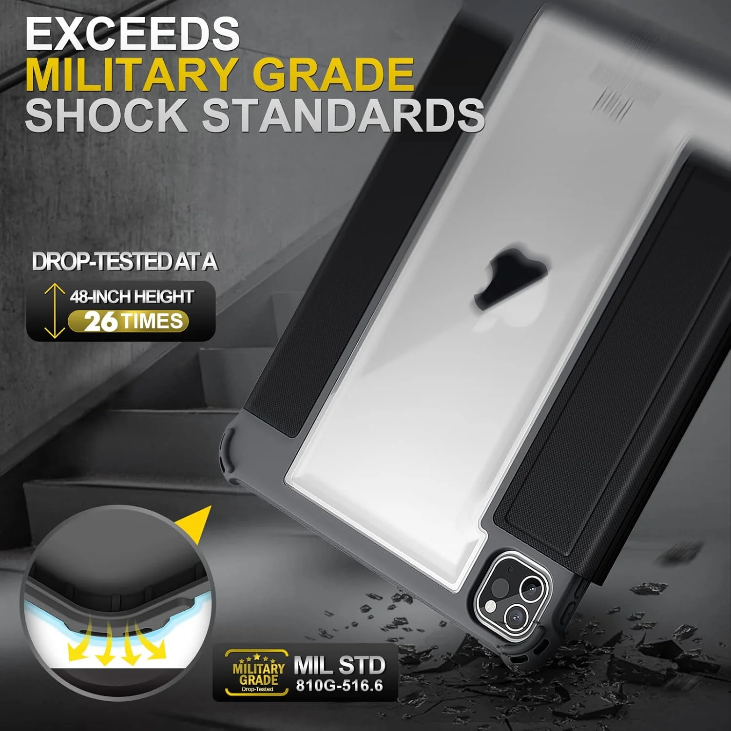 کاور محافظ هایبرید و مقاوم Fintie برای آیپد پرو 11 اینچ (نسل 4/3) 2022/2021 - کاور محافظ شفاف و سنگین با مقاومت بالا در برابر سقوط با جایگاه قلم، مناسب برای آیپد پرو 11 اینچ نسل 2، مشکی