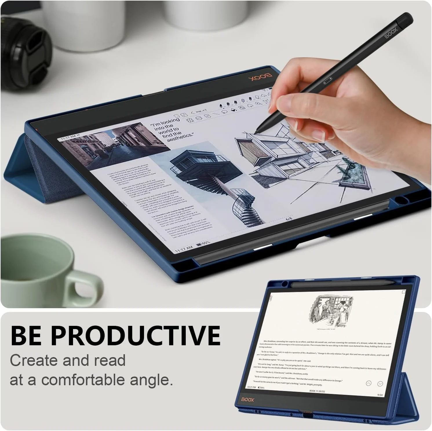 کاور DINGGUAGUA برای تبلت Onyx Boox Note Air3 C/Air 4 B/W 10.3 اینچی 2024، کاور باریک با قابلیت قرارگیری در حالت استند، جای قلم و حالت خواب/بیدار شدن خودکار، آبی تیره