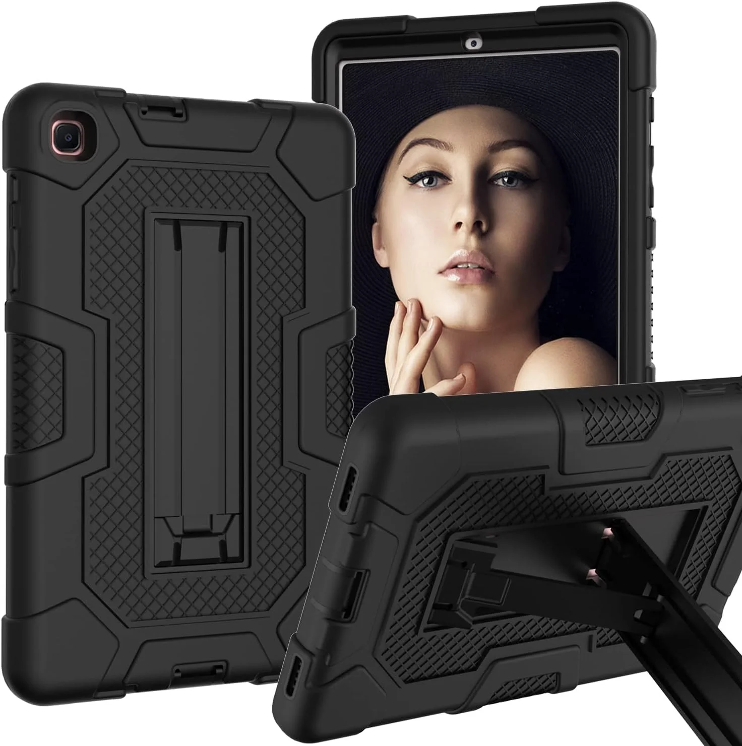 کیف تبلت سامسونگ تب A 8.4 2020 مدل T307 به همراه پایه، مقاوم در برابر ضربه، سه لایه محافظتی سخت و نرم سیلیکونی (مشکی+مشکی)